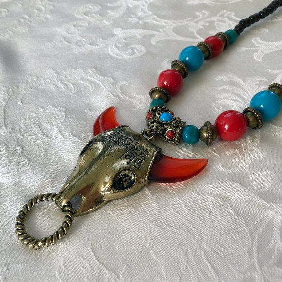 Tibetan Necklace Yak Head, Red Horns, Red and Turquoise Color Beads, Wood Beads - Picture 2 of 9
